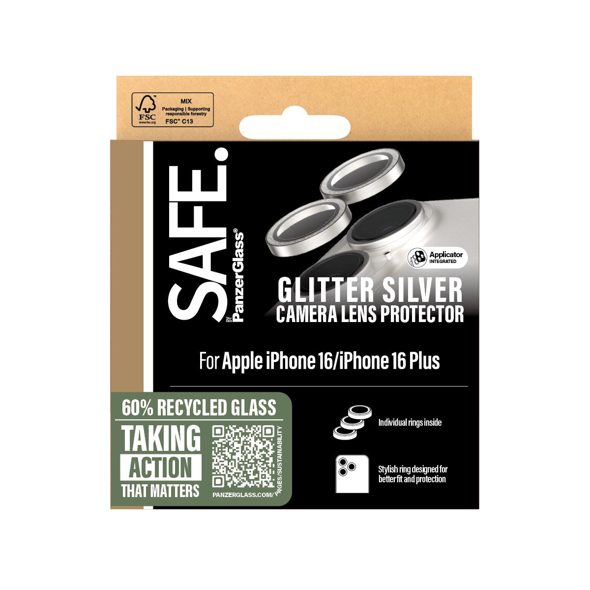 SAFE. by PanzerGlass® Camera Lens Protector Glitter Silver iPhone 16 | 16 Plus